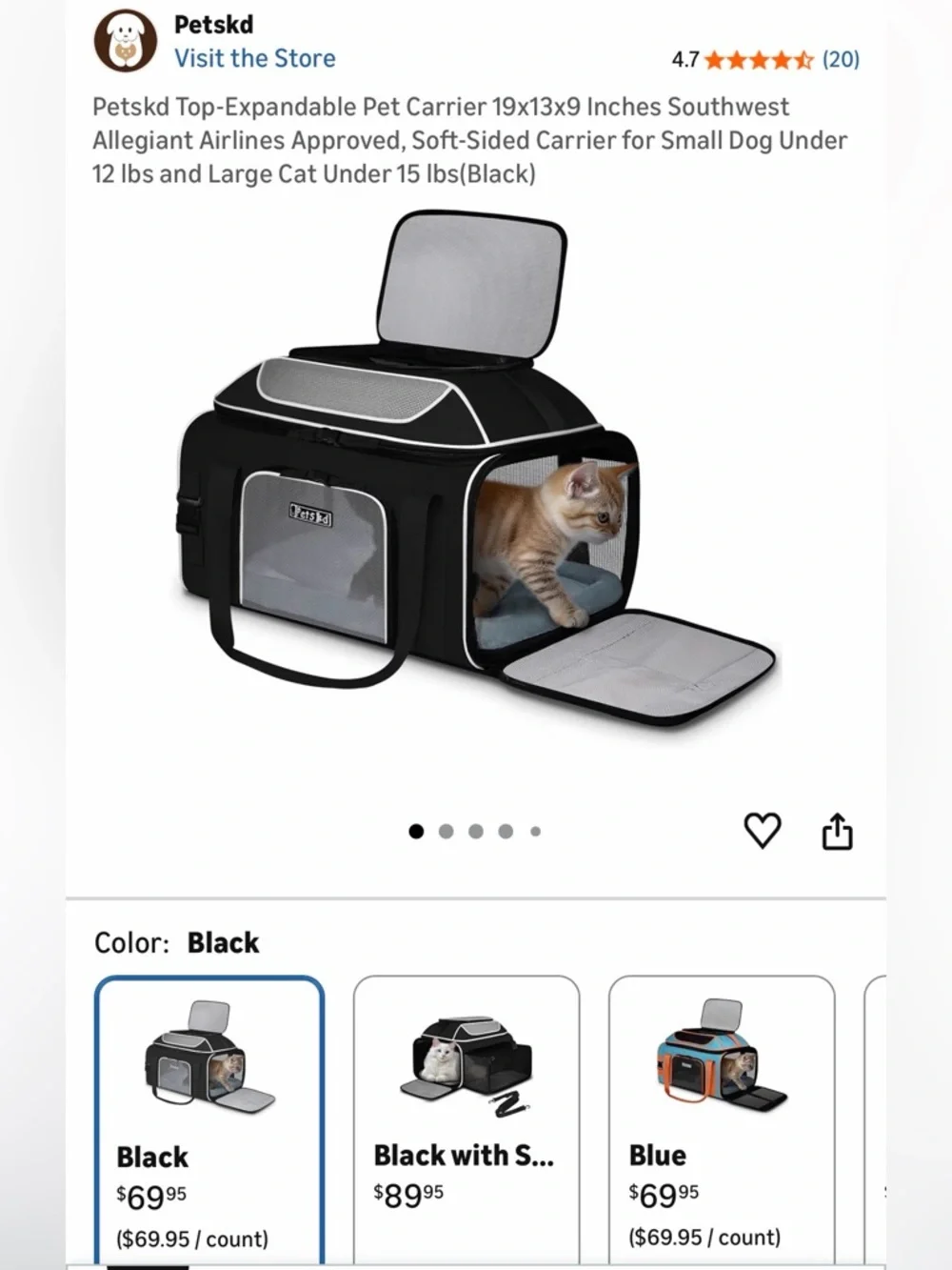 Portable Black Soft-Sided Cat Carrier with Mesh Panels